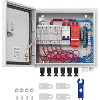 Elektroinstalační krabice VEVOR PV sběrná krabice, 6 stringů, solární sběrná krabice s pojistkou jmenovitý proud 10 A, jističem 63 A, bleskojistkou a solárním konektorem, ocelové pouzdro pro solární panely zapínané/vypínané, IP65