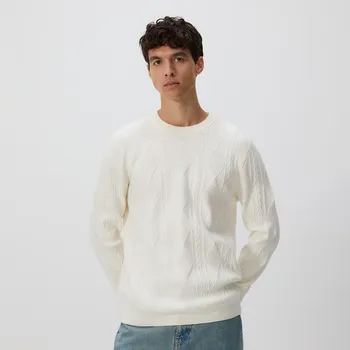 Pánský svetr Reserved - Svetr pletený v copánkovém vzoru - krémová - 964GC-01X - 964GC-01X-M