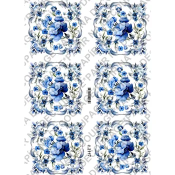 Umělecký papír Rýžový a soft papír na decoupage - Květinové ornamenty, modrobílé - KB2117 Materiál: Soft, Rozměr: A4