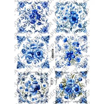 Umělecký papír Rýžový a soft papír na decoupage - Květinové ornamenty, modrobílé - KB2112 Materiál: Soft, Rozměr: A4