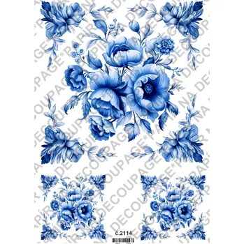 Umělecký papír Rýžový a soft papír na decoupage - Květinové ornamenty, modrobílé - KB2114 Materiál: Soft, Rozměr: A4