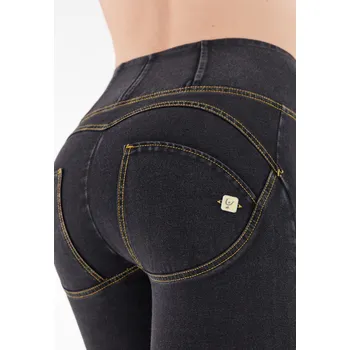 Dámské kalhoty Freddy kalhoty WR.UP v džínové černé, žlutý šev, vysoký pas, skinny střih, denim žerzej Možnosti velikostí: L