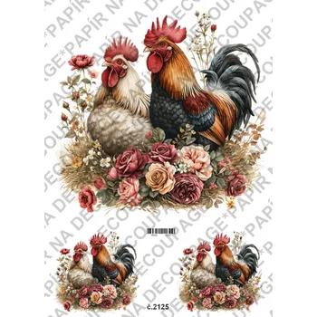 Umělecký papír Rýžový a soft papír na decoupage - Kohouti, slepičky, venkov - KB2125 Materiál: Rýžový papír, Rozměr: A4