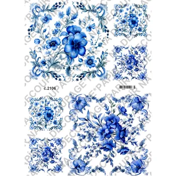 Umělecký papír Rýžový a soft papír na decoupage - Květinové ornamenty, modrobílé - KB2106 Materiál: Soft, Rozměr: A4