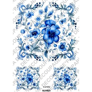 Umělecký papír Rýžový a soft papír na decoupage - Květinové ornamenty, modrobílé - KB2105 Materiál: Soft, Rozměr: A4