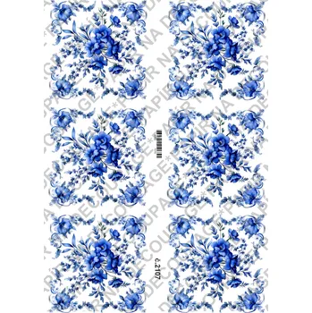 Umělecký papír Rýžový a soft papír na decoupage - Květinové ornamenty, modrobílé - KB2107 Materiál: Soft, Rozměr: A4