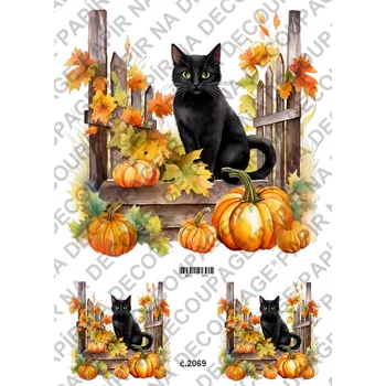 Umělecký papír Rýžový a soft papír na decoupage - Černá kočka a dýně - KB02069 Materiál: Soft, Rozměr: A4