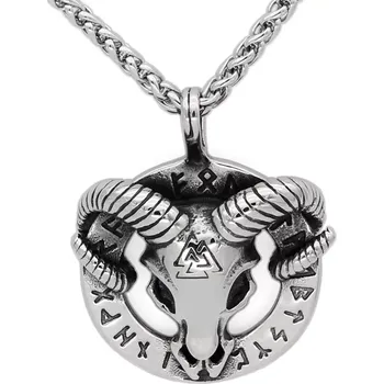 Přívěsek Ocelový přívěsek Beraní lebka – Runy & Valknut - Model BEZ ŘETÍZKU (pouze přívěsek)