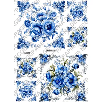 Umělecký papír Rýžový a soft papír na decoupage - Květinové ornamenty, modrobílé - KB2115 Materiál: Soft, Rozměr: A4