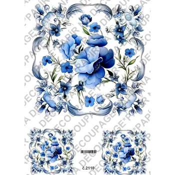 Umělecký papír Rýžový a soft papír na decoupage - Květinové ornamenty, modrobílé - KB2110 Materiál: Soft, Rozměr: A4
