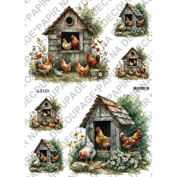 Umělecký papír Rýžový a soft papír na decoupage - Kohouti, slepičky, venkov - KB2123 Materiál: Soft, Rozměr: A4