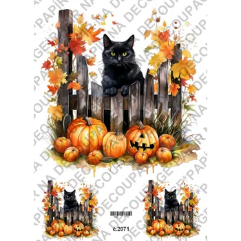 Umělecký papír Rýžový a soft papír na decoupage - Černá kočka a dýně - KB02071 Materiál: Soft, Rozměr: A4