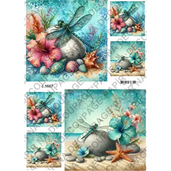 Umělecký papír Rýžový a soft papír na decoupage - Vážky, mušle - KB01667 Materiál: Soft, Rozměr: A4