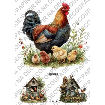 Umělecký papír Rýžový a soft papír na decoupage - Kohouti, slepičky, venkov - KB2119 Materiál: Soft, Rozměr: A4