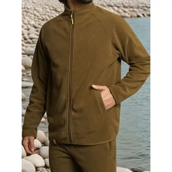 Pánská mikina Sinsay - Rozepínací fleecová mikina bez kapuce - khaki - 931EU-87X - 931EU-87X-3XL