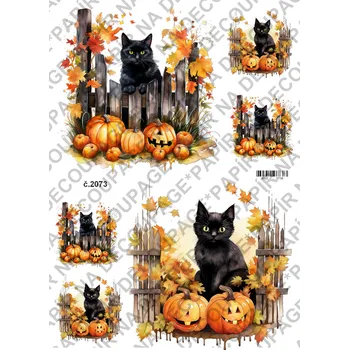 Umělecký papír Rýžový a soft papír na decoupage - Černá kočka a dýně - KB02073 Materiál: Soft, Rozměr: A4