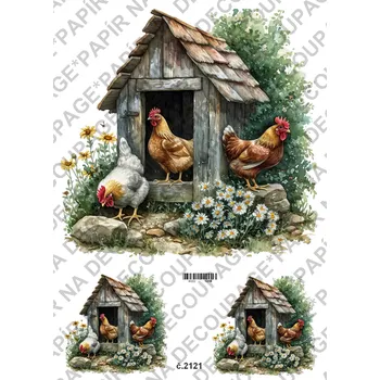 Umělecký papír Rýžový a soft papír na decoupage - Kohouti, slepičky, venkov - KB2121 Materiál: Soft, Rozměr: A4