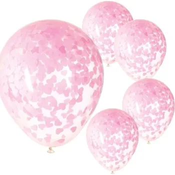 Balónek Unique Balónky latexové transparentní s konfetami růžová srdíčka 5 ks