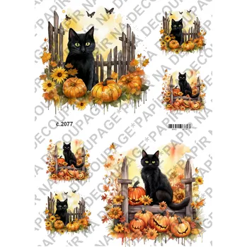 Umělecký papír Rýžový a soft papír na decoupage - Černá kočka a dýně - KB02077 Materiál: Soft, Rozměr: A4