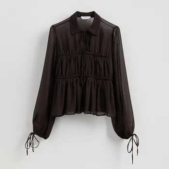 Reserved - Šifonová halenka s límečkem - tmavě hnědá - 429IM-89X - 429IM-89X-XS