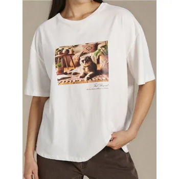 Dámské tričko Sinsay - Bavlněné oversize tričko s potiskem - krémová - 198IN-01X - 198IN-01X-XL