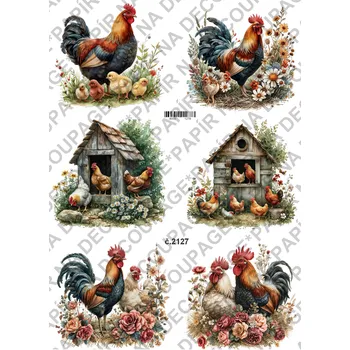 Umělecký papír Rýžový a soft papír na decoupage - Kohouti, slepičky, venkov - KB2127 Materiál: Soft, Rozměr: A4