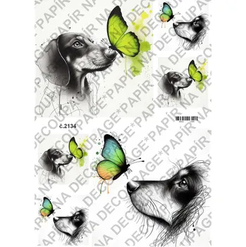 Umělecký papír Rýžový a soft papír na decoupage - Pes, motýl kresba - KB2134 Materiál: Soft, Rozměr: A4