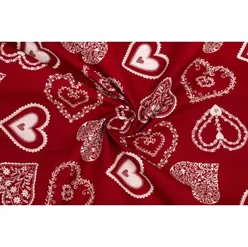 Bavlněné plátno bílá krajková srdce na červené