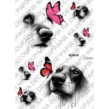 Umělecký papír Rýžový a soft papír na decoupage - Pes, motýl kresba - KB2131 Materiál: Soft, Rozměr: A4
