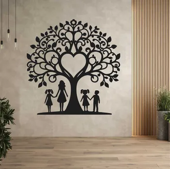 Obraz Rodinný strom ze dřeva na zeď - maminka, syn a dvě dcery