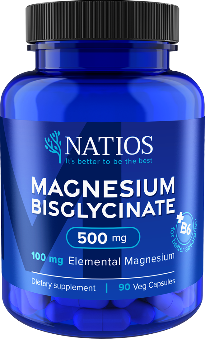 NATIOS Magnesium Bisglycinate 500 mg + B6, 90 veg. kapslí, (elem. hořčík 100 mg)