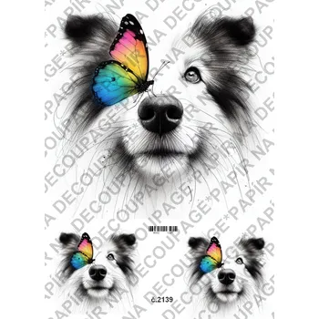 Umělecký papír Rýžový a soft papír na decoupage - Pes, motýl kresba - KB2139 Materiál: Soft, Rozměr: A4