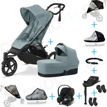 Kočárek Set 10v1 Cybex Avi Spin Stormy Blue + korbička Cot S Stormy Blue + autosedačka Cybex s ISOFIX základnou + adaptéry + pláštěnky + ochranná síť + madlo