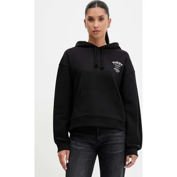 Dámská mikina Bavlněná mikina Tommy Jeans dámská, černá barva, s kapucí, s potiskem, DW0DW21785 99X, vel. L