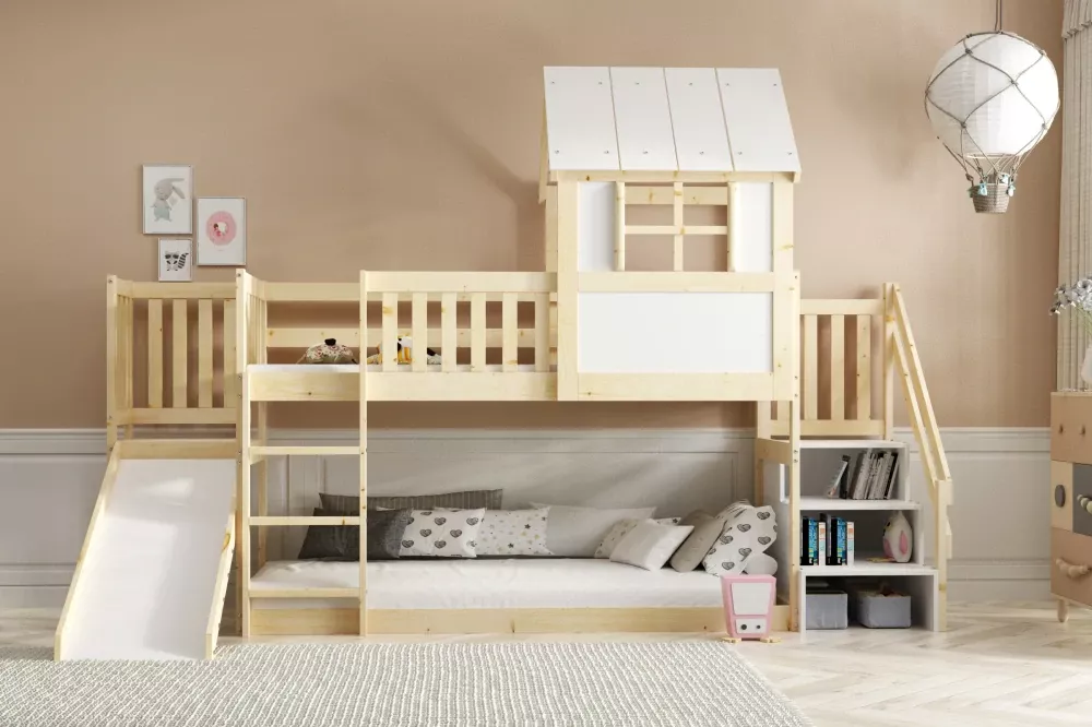 Dětská patrová postel domeček se schody a skluzavkou 200 x 90 (rošt + matrace v ceně)