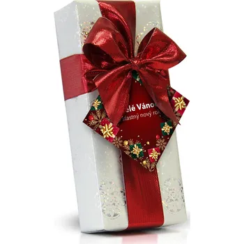 Bonboniéra Selllot, s.r.o., K Hájům 34, 155 00 Praha 5 - Vyrobeno v Itálii Veselé Vánoce - Italské čokoládové pralinky v metalickém papíru s červenou mašlí 84g