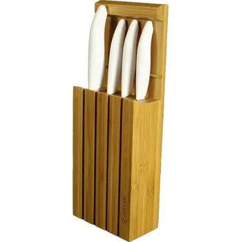 Kuchyňský nůž Kyocera sada nožů (WH-WH) + bambusový blok na nože Nůž, keramický, bílá čepel, bílá rukojeť sada 4ks + bambusový blok na nože Bamboo Knife Block + WHWH Set