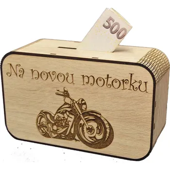 Pokladnička Dřevěná pokladnička s nápisem - Na novou motorku