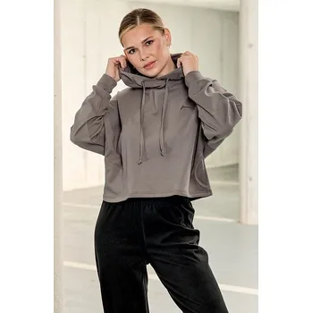 Dámská mikina Fleecová šedohnědá krátká dámská mikina s kapucí a kapsami 651 velikost 2XL