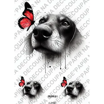 Umělecký papír Rýžový a soft papír na decoupage - Pes, motýl kresba - KB2130 Materiál: Soft, Rozměr: A4