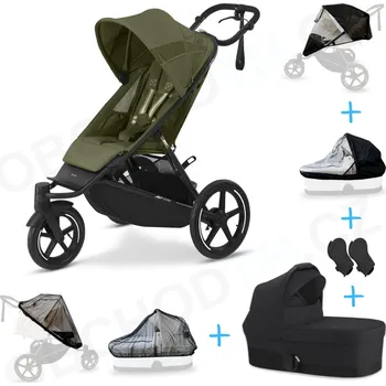 Kočárek Set 6v1 Cybex Avi Spin Moss Green Gold + korbička Cot S Moon Black + adaptéry + pláštěnky Thule + ochranná síť