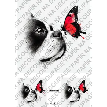 Umělecký papír Rýžový a soft papír na decoupage - Pes, motýl kresba - KB2136 Materiál: Soft, Rozměr: A4