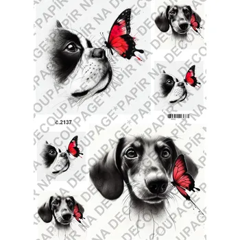 Umělecký papír Rýžový a soft papír na decoupage - Pes, motýl kresba - KB2137 Materiál: Soft, Rozměr: A4