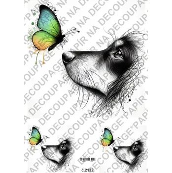 Umělecký papír Rýžový a soft papír na decoupage - Pes, motýl kresba - KB2132 Materiál: Soft, Rozměr: A4
