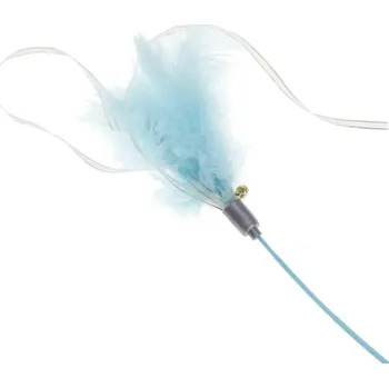 Hračka pro kočku Upoutávka Balerína se stuhami s přírodním peřím a rolničkou modrá pro kočky