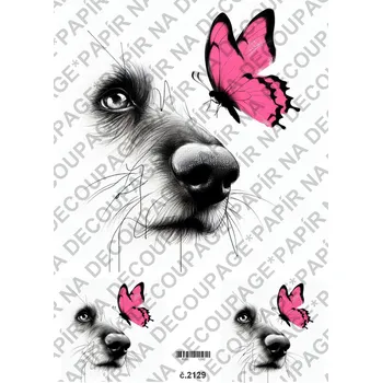 Umělecký papír Rýžový a soft papír na decoupage - Pes, motýl kresba - KB2129 Materiál: Soft, Rozměr: A4