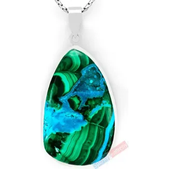 Přívěsek Větší stříbrný přívěsek (Ag 925/1000) s chryzokolem v malachitu QAA, kapka cca 45 x 29 mm, "Livingstonovy vodopády na řece Kongo" (CHLM2119P)