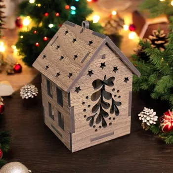 Vánoční dekorace Dřevěný domeček na zavěšení a LED svíčku - Jmelí