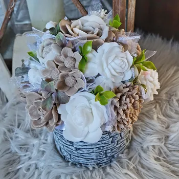 umělá květina Mýdlová kytice v keramické nádobě - světle hnědá