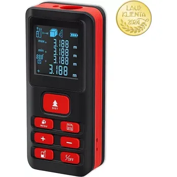 Bezpečnostní detektor *Qoltec 50688 Precise digitální laserový dálkoměr s elektronickou nivelací | podsvícený LCD | 120 m (Přesný laserový měřič s funkcemi měření vzdálenosti, plochy, objemu, max/min a Pythagorovy věty. Vestavěná elektronická vodováha umožňuje rychlou a přesno